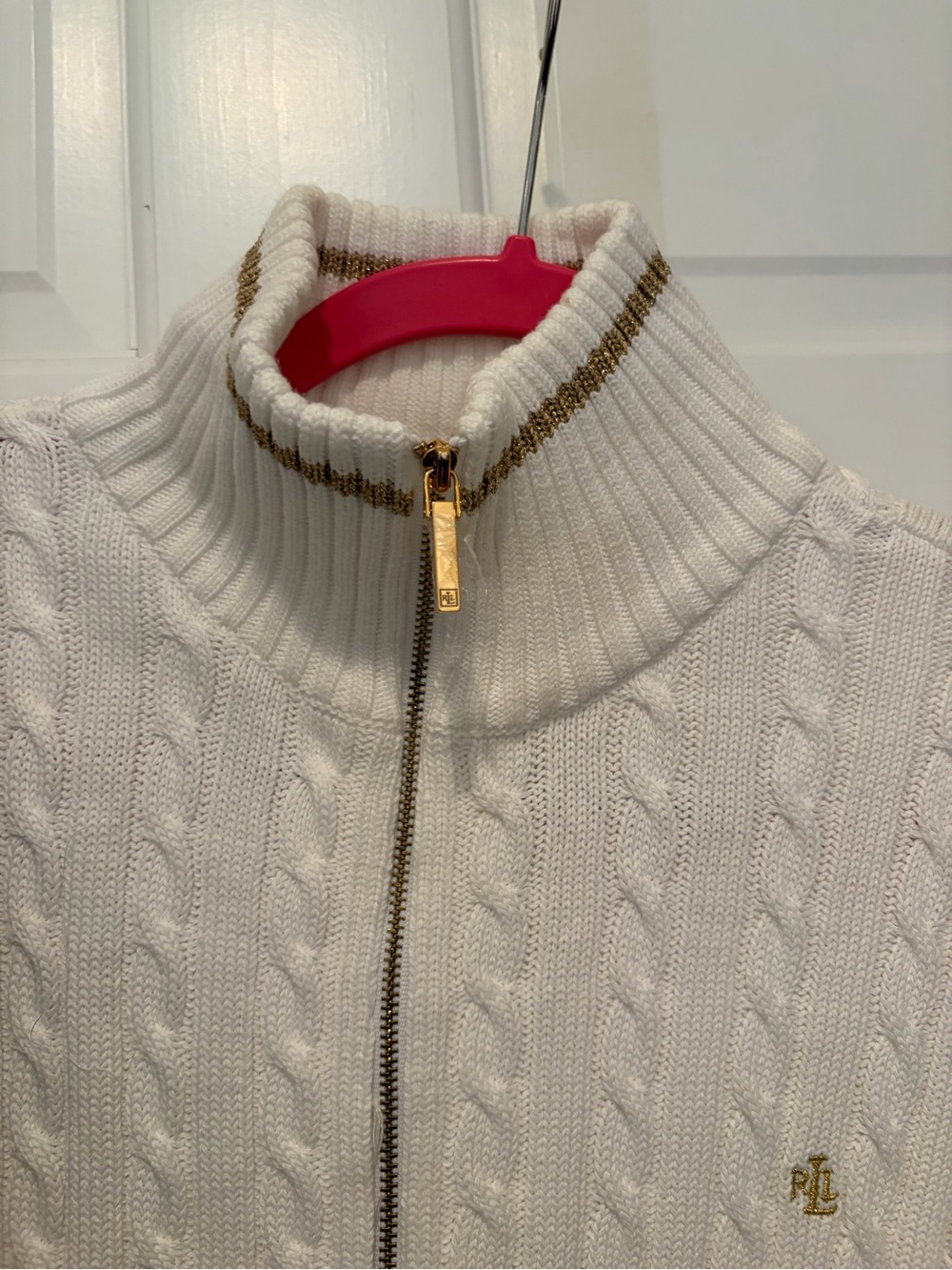 NWT Lauren Ralph Lauren White Cable-Knit Zip Cardigan with Gold Hardware - Picture 5 of 10